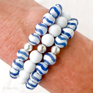 8MM BLUE & WHITE TIBETAN DZI AGATE BRACELET